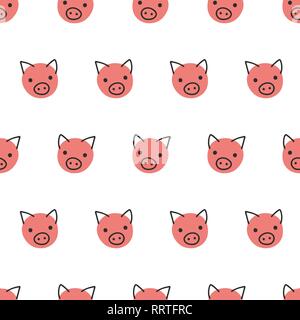 Pigs seamless vector background. Cute polka dot pig faces pattern coral pink on white. Geometric fun kids design. For fabric, kids decor, gift wrap, packaging, digital paper, nursery, new year card Stock Vector