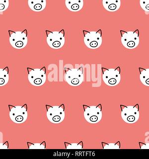 Seamless vector pattern repeat pigs. Cute polka dot pig faces background white on coral red. Geometric kids design. For fabric, kids decor, gift wrap, packaging, digital paper, nursery, new year card Stock Vector
