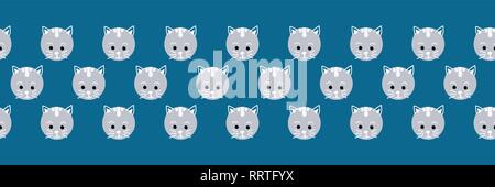 Cute cat faces seamless vector border. Cute kitty polka dots on blue background. Geometric fun kids design. Use for fabric, kids decor, gift wrap, pac Stock Vector