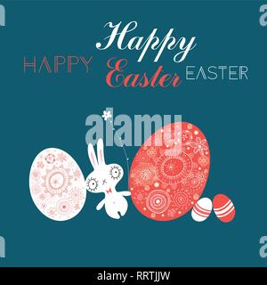 Festive Easter card with eggs and a rabbit on a dark background Stock Vector