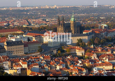 Prague - The roofs of Mala Strana with the  Castle and the St. Vitus Cathedral from Petrin. Stock Photo
