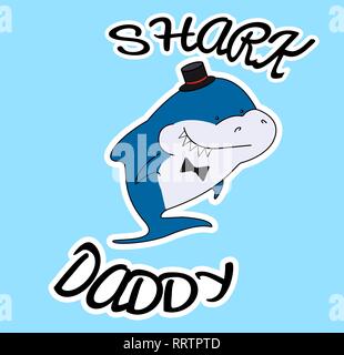 Happy Family sharks. Daddy shark in top hat and bow tie. Cute cartoon blue character father of sea animals. Sticker isolated on white contur. Blue bac Stock Vector