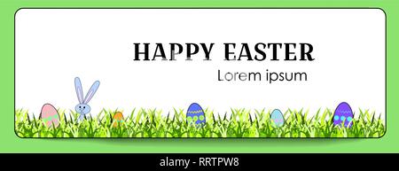 Vector horizontal banner for Happy Easter with painted eggs and bunny. Rabbit and eggs with a floral pattern. Decoration of green grass border. Place  Stock Vector