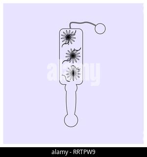 Musical instrument rattle with floral ornament. Black Contour object isolated on a violet background. Linear icon. vector Educational cards or greetin Stock Vector