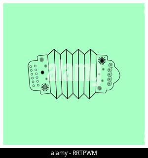 Musical instrument Accordion with floral ornament. Folk Russian music. Black Contour object harmonica isolated on a light green background. Linear ico Stock Vector
