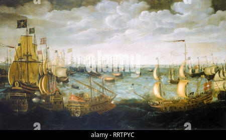 Launch of fireships against the Spanish Armada, 7th August 1588, oil on canvas painting circa 1590 Stock Photo