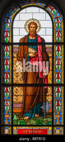 PRAGUE, CZECH REPUBLIC - OCTOBER 13, 2018: The apostle Saint Matthias the Evangelist in the stained glass of the church kostel Svatého Václava  (end o Stock Photo