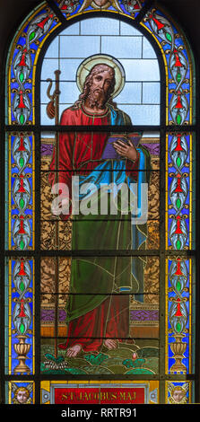 PRAGUE, CZECH REPUBLIC - OCTOBER 13, 2018: The apostle Saint James the Greater in the stained glass of the church kostel Svatého Václava  (end of 19.  Stock Photo