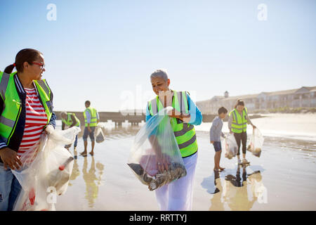 Volunteers cleaning up litter on sunny, wet sand beach Stock Photo
