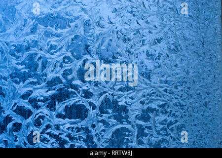 Shaped ice crystals, frozen window in winter Stock Photo