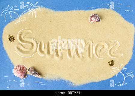 Phrase Summer time on a blue background, with sand and painted palms. Summer background. Stock Photo