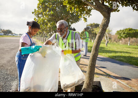 Grandfather and granddaughter volunteers cleaning up litter in sunny park Stock Photo