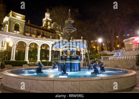 Baku, Azerbaijan - 2018: Garden water fountain of Youth. Fountain Square and the city Park in the center of Night Baku. Philharmonic Fountain Park nea Stock Photo