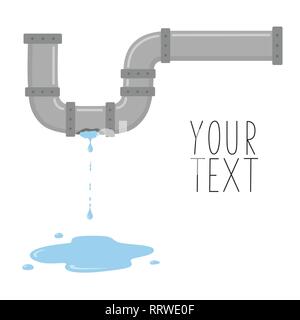 Leaking pipe with flowing water vector illustration. There is space for text Stock Vector