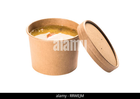 Soup in a disposable cup of craft paper Stock Photo