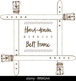 Hand-drawn belt frame in vintage engraving art style isolated on white background. For decoration design, border, web banner. Vector illustration. Stock Vector