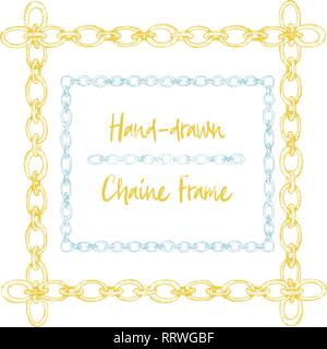 Hand-drawn chain frame in vintage engraving art style isolated on white background. For decoration design, border, web banner. Vector illustration. Stock Vector
