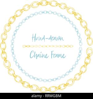 Hand-drawn chain frame in vintage engraving art style isolated on white background. For decoration design, border, web banner. Vector illustration. Stock Vector