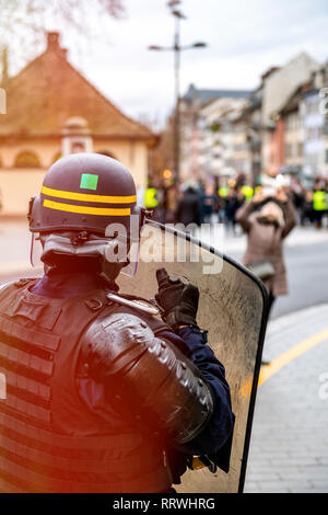 Proestor Shield A protester wearing a yellow safety vest and a respirator holds a ...
