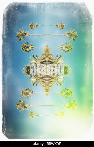 Vintage frame effect over palms against vibrant blue sky on Spain Barcelona - Music Album cover, presentation or any other use cover Stock Photo