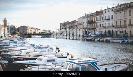 Sete, France - January 4, 2019: view of the marina in the city center where pleasure boats are parked on a winter day Stock Photo