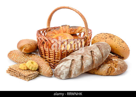 Fresh bread, buns and cookies isolated on white background Stock Photo