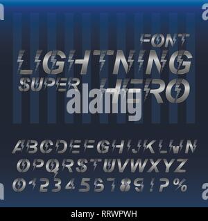 Lightning Super hero font alphabet. Silver metallic letters and numbers. Stock Vector