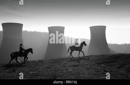 Horse riding as the rural landscape meets urban industry Britain Uk 2019 collection of images by David Bagnall Photography Stock Photo