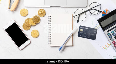 Business, accounting and payment concept financial information isolated on a modern marble office table, mock up, top view, copy space, flat lay, life Stock Photo