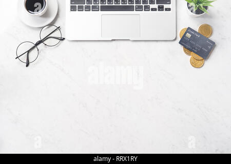 Business, accounting and payment concept financial information isolated on a modern marble office table, mock up, top view, copy space, flat lay, life Stock Photo