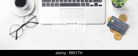 Business, accounting and payment concept financial information isolated on a modern marble office table, mock up, top view, copy space, flat lay, life Stock Photo