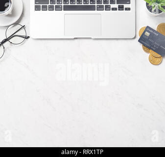 Business, accounting and payment concept financial information isolated on a modern marble office table, mock up, top view, copy space, flat lay, life Stock Photo