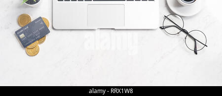 Business, accounting and payment concept financial information isolated on a modern marble office table, mock up, top view, copy space, flat lay, life Stock Photo