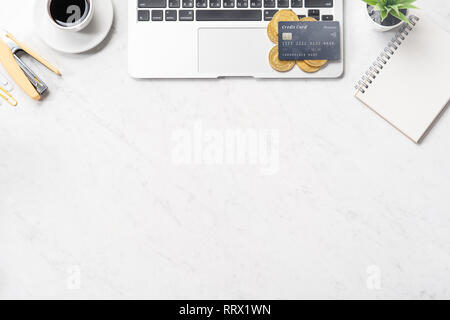 Business, accounting and payment concept financial information isolated on a modern marble office table, mock up, top view, copy space, flat lay, life Stock Photo