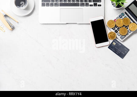 Business, accounting and payment concept financial information isolated on a modern marble office table, mock up, top view, copy space, flat lay, life Stock Photo