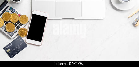 Business, accounting and payment concept financial information isolated on a modern marble office table, mock up, top view, copy space, flat lay, life Stock Photo
