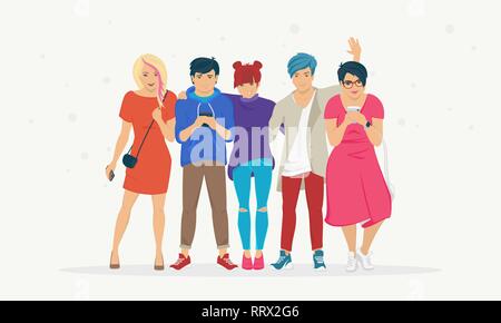 Happy friends and friendship flat vector illustration of smiling teenagers standing together and hugging each other. Young people dressed in modern ca Stock Vector