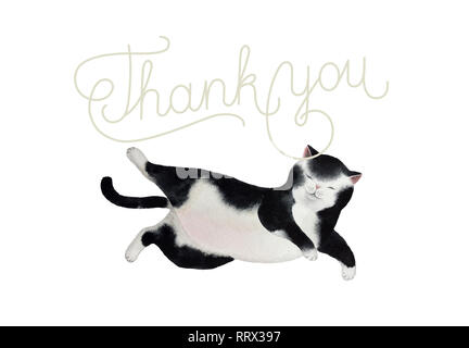 Greeting postcard with cute watercolor cat. Cat and congratulation inscription isolated on white background for design, postcards, banners. Stock Photo