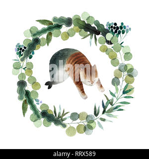 Beautiful watercolor wreath with cat mermaid isolated on white background. Round floral watercolor wreath for design, postcards, banners, emblems Stock Photo