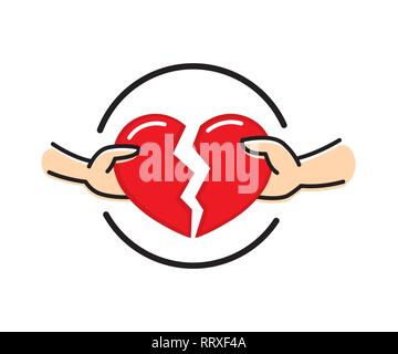 Male and female hands with broken red heart. Breakup heart concept. Crisis relationship divorce. Unhappy love, conflict. Vector illustration flat desi Stock Vector