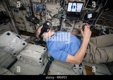 Canadian Space Agency astronaut David Saint-Jacques wears Virtual Reality goggles during the TIME experiment in the Columbus laboratory aboard the International Space Station February 22, 2019 in Earth Orbit. The study measures how time perception and the biological clocks might change in space. Stock Photo