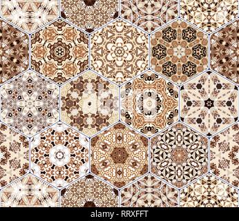 Set of hexagonal patterned tiles. Eastern color pattern for the design of fabric, gift wrapping, floor and wall ceramics. Vector illustration. Stock Vector