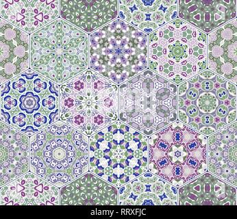 Set of hexagonal patterned tiles. Eastern color pattern for the design of fabric, gift wrapping, floor and wall ceramics. Vector illustration. Stock Vector