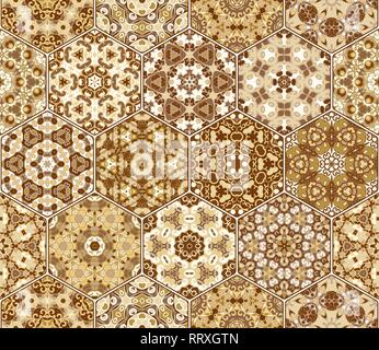Set of hexagonal patterned tiles. Eastern color pattern for the design of fabric, gift wrapping, floor and wall ceramics. Vector illustration. Stock Vector