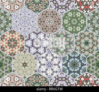 A rich set of hexagonal ceramic tiles. Eastern colored carpet. Colorful elements in oriental style. Vector illustration. Stock Vector