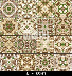 A collection of ceramic tiles in green gold colors. A set of square patterns in Oriental style. Vector illustration. Stock Vector