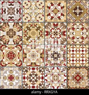 A collection of ceramic tiles in red gold colors. A set of square patterns in Oriental style. Vector illustration. Stock Vector