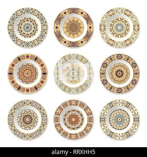 Set of decorative plates with a circular colorful pattern and gold contour, top view. White background. Vector illustration. Stock Vector