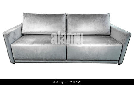 Silver gray velours sofa with pillows. Soft couch with cushions isolated background Stock Photo