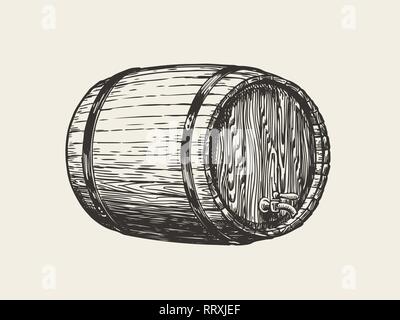 Wooden oak barrel. Wine, whisky, pub sketch. Hand drawn vintage vector illustration Stock Vector